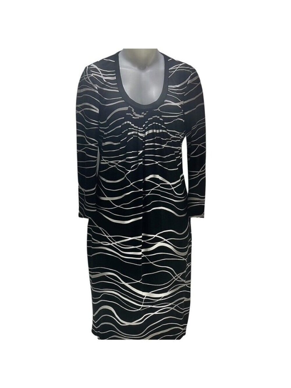 Black & White Wave Print Long Sleeve Dress Scoop Neckline Knee Length Size M - Picture 1 of 10